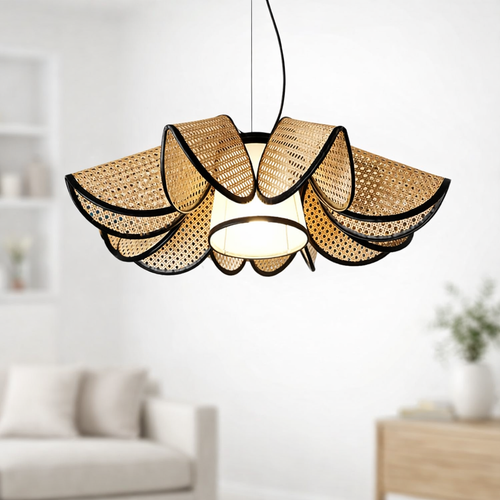 Warm rattan hanging light in a home decorated for Durga Puja