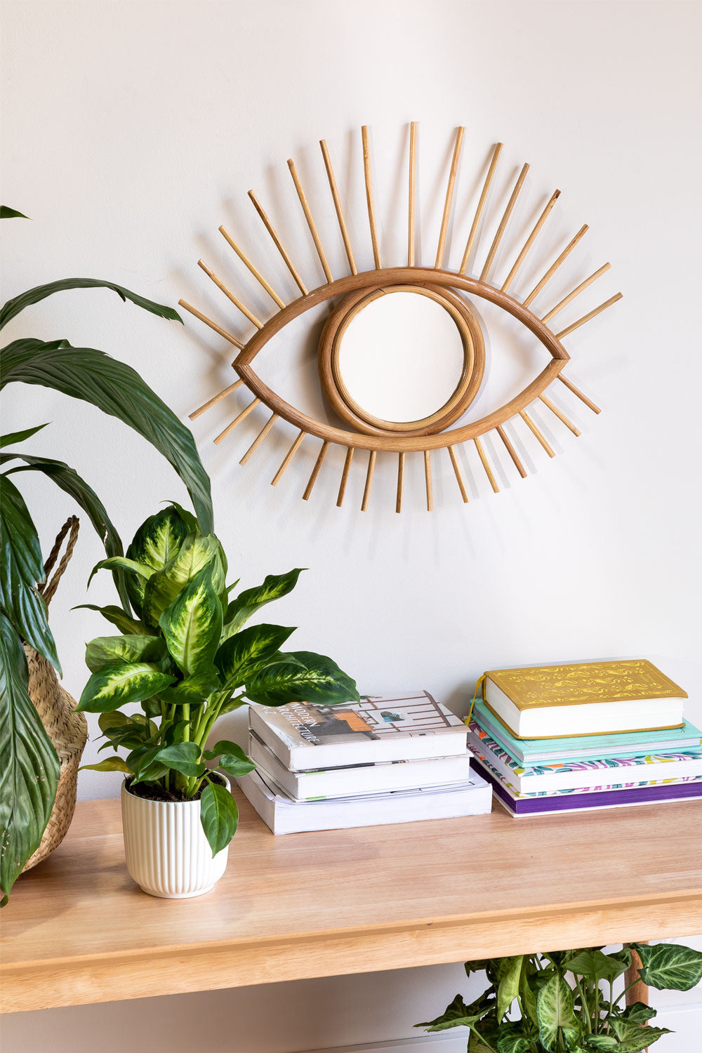 Bamboo Wall Mirror for living room | Cane Wall Mirror | Rattan Mirror - Mirai - Akway