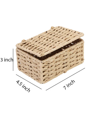 AKWAY wicker water hyacinth kauna grass bamboo cane Storage Basket with Lids Rectangular Handwoven Wicker Organizer Baskets Desktop Storage Box Rattan Container Desk Basket Bins for Bathroom Office (7"L x 4.5"W x 3"H)