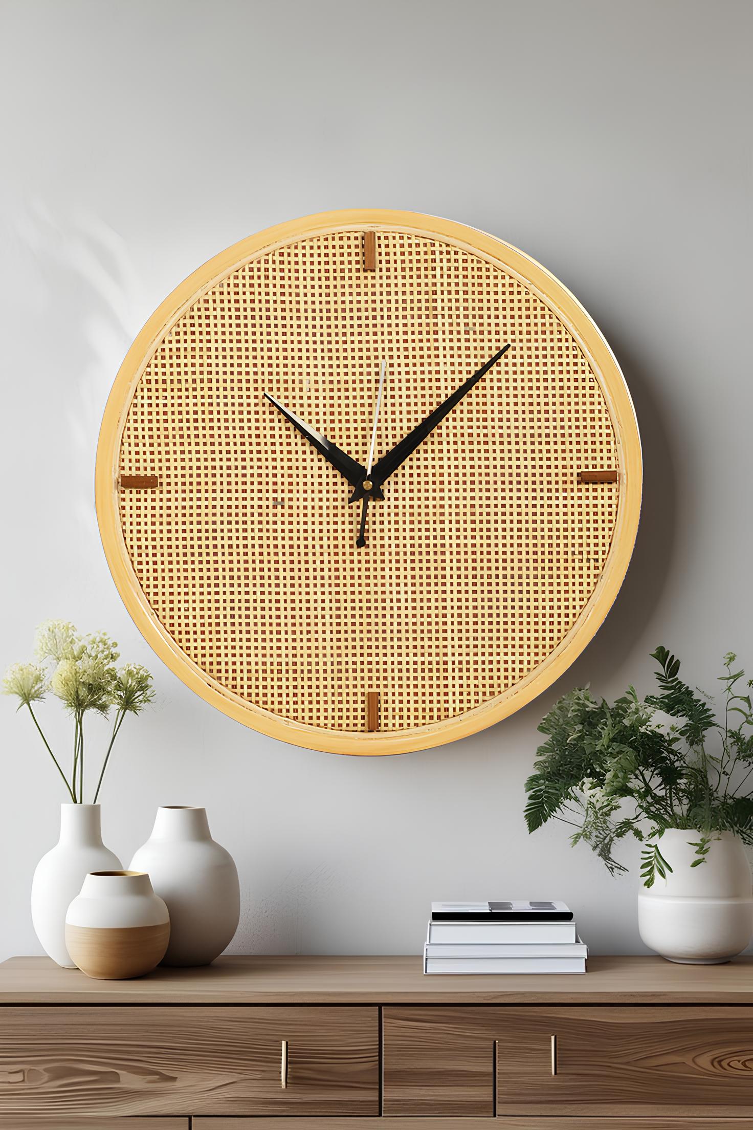 Rattan Wall Clock for Living Room Stylish - Handwoven Bamboo Clock for Home, Kitchen, Hall | Boho Decorative Round Wicker Wal