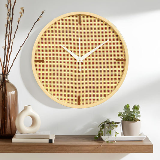 Rattan Wall Clock for Living Room Stylish - Handwoven Bamboo Clock for Home, Kitchen, Hall | Boho Decorative Round Wicker Wal