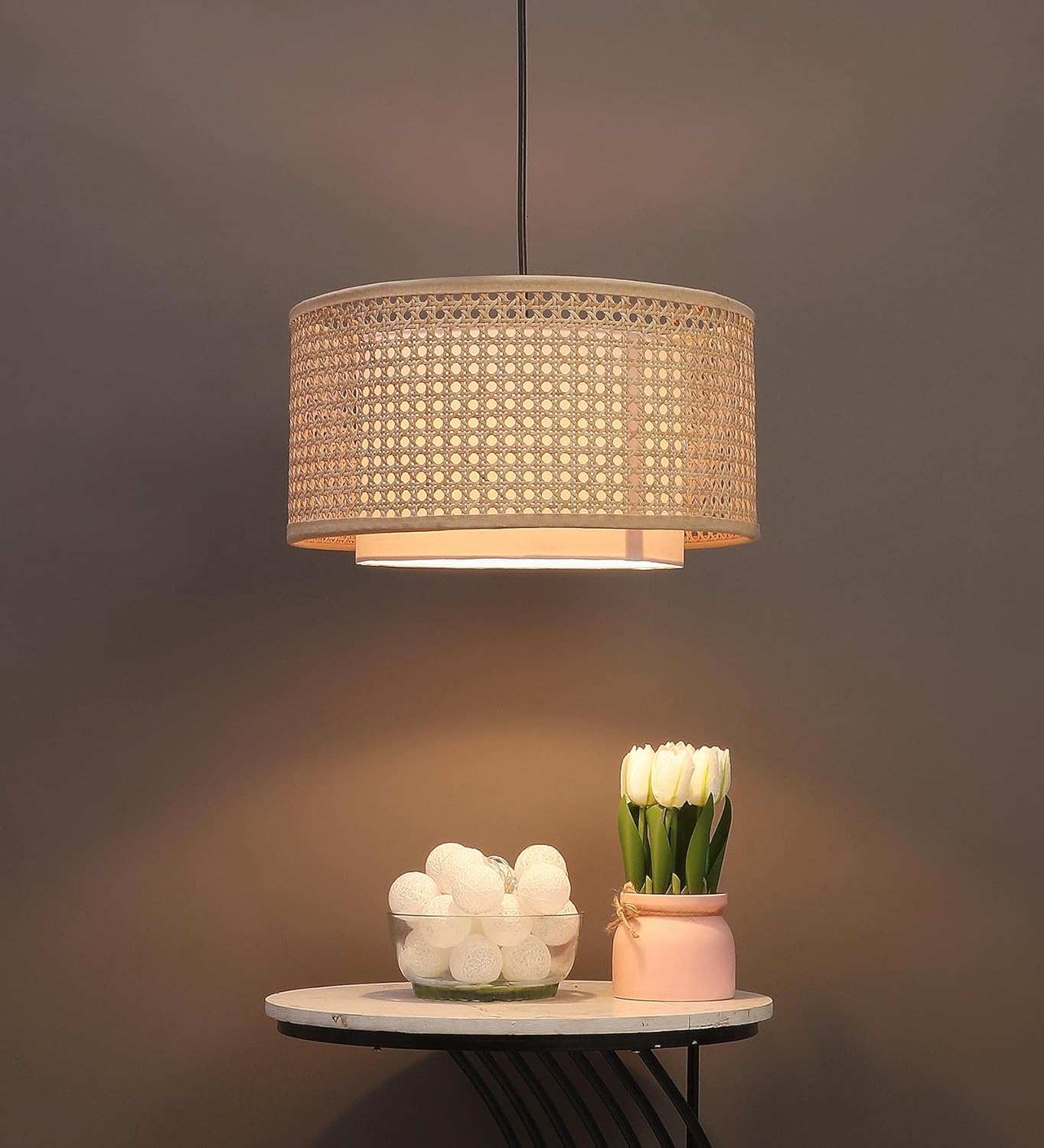 Rattan Hanging lamp for Living Room | Bamboo Hanging Lamp | Cane Pendant light - Anahita 12" Dia x 6" Height by Akway - Image