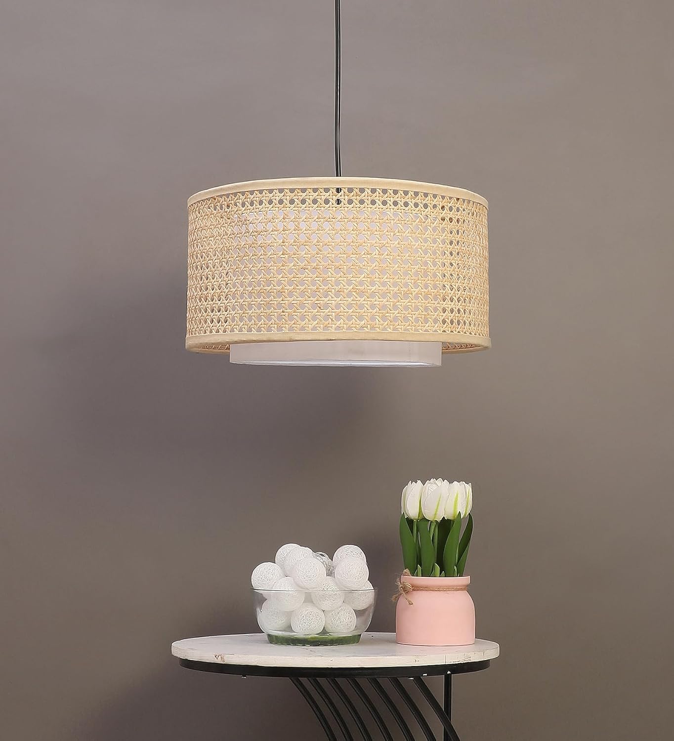 Rattan Hanging lamp for Living Room | Bamboo Hanging Lamp | Cane Pendant light - Anahita 12" Dia x 6" Height by Akway - Image