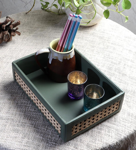 AKWAY Rattan Serving Tray | Cane Serving Tray for Home | Wicker Dining Table Decorative Trays | Bamboo Serving Tray | Platter