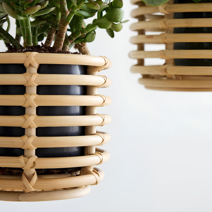 Rattan Hanging Plant Pots | Cane Hanging Flower Pots | Bamboo Hanging Planters Set of 2 - Asmee by Akway