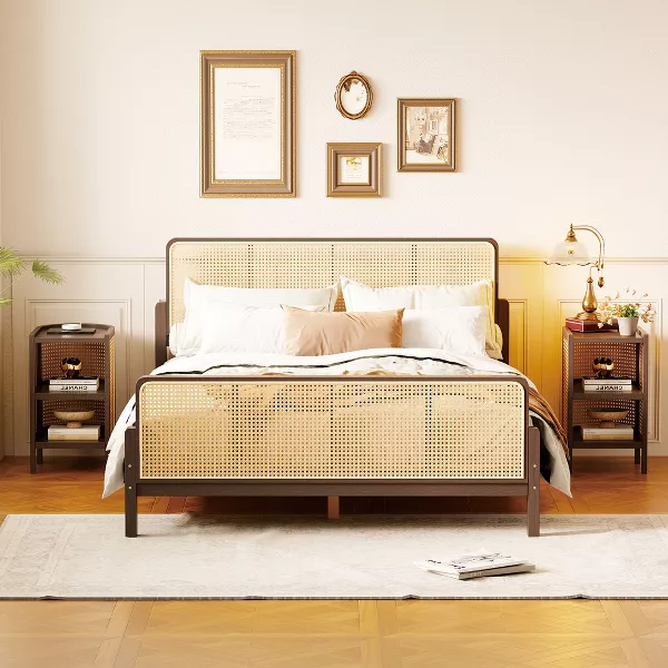 Solid Wood Rattan Bed For Bedroom | Cane Bed For Home - Aanya - Akway Bedroom > Beds & Bed Frames (Image 2)