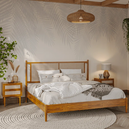 Solid Wood Rattan Bed For Bedroom | Cane Bed For Home -Amara - Akway Bedroom > Beds & Bed Frames (Image 2)