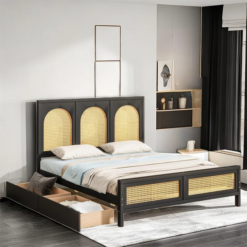 Solid Wood Rattan Bed For Bedroom | Cane Bed For Home -Navi - Akway Bedroom > Beds & Bed Frames (Image 2)