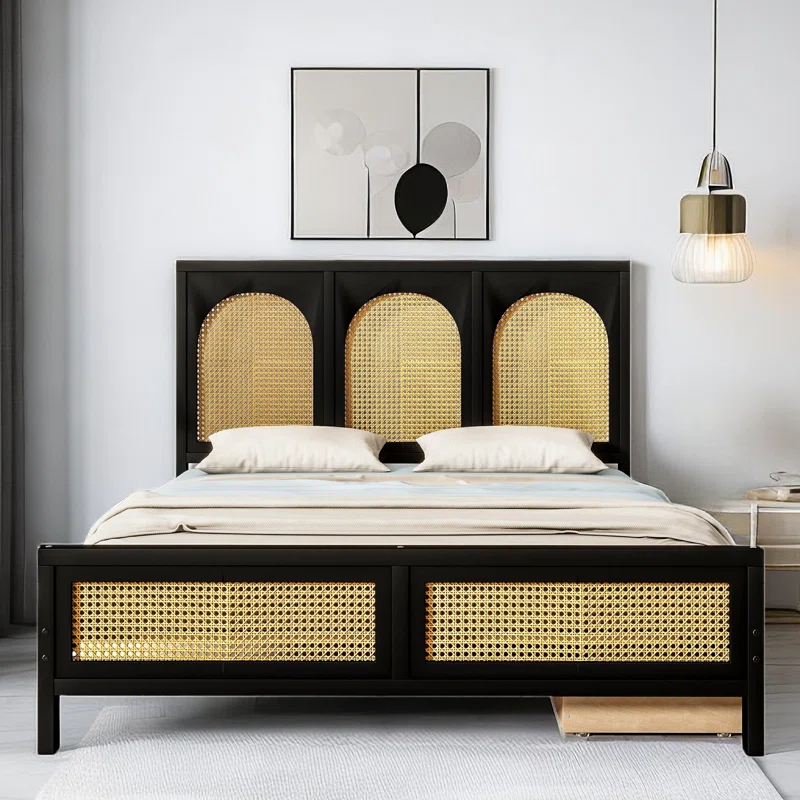 Solid Wood Rattan Bed For Bedroom | Cane Bed For Home -Navi - Akway Bedroom > Beds & Bed Frames (Image 3)