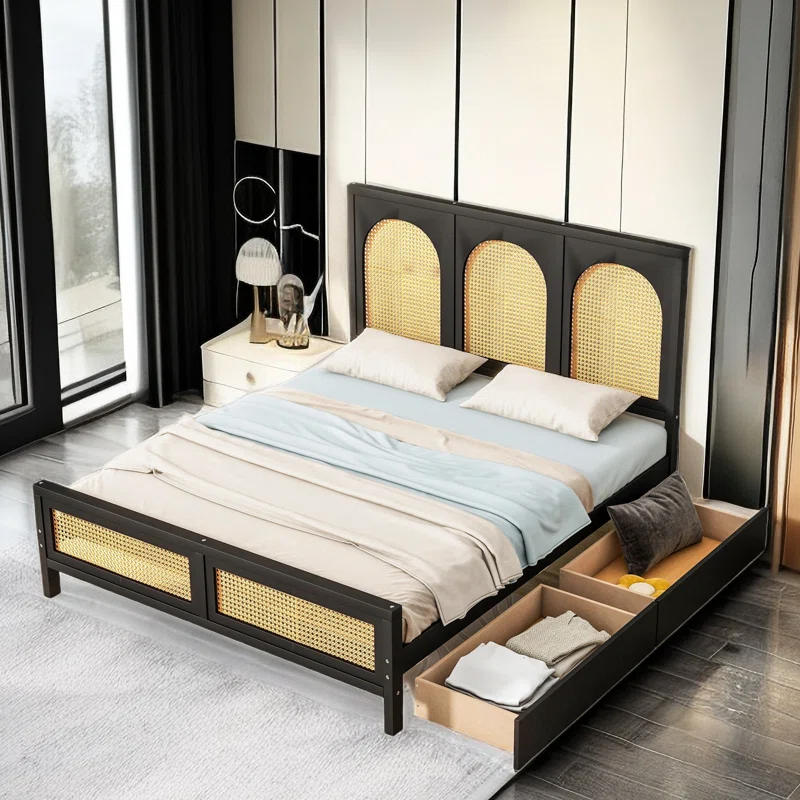 Solid Wood Rattan Bed For Bedroom | Cane Bed For Home -Navi - Akway Bedroom > Beds & Bed Frames (Image 4)