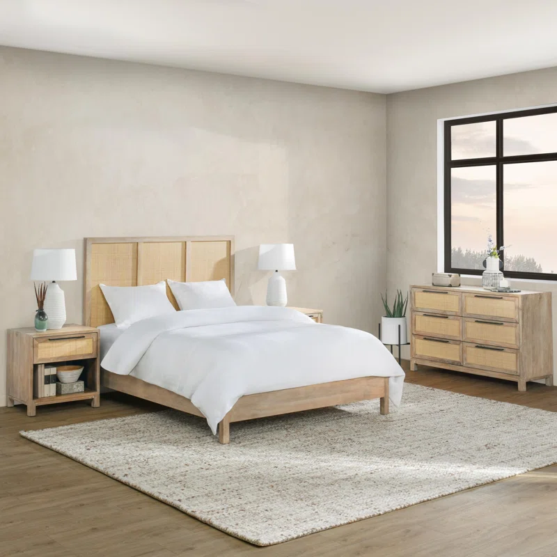 Solid Wood Rattan Bed For Bedroom | Cane Bed For Home -Alexis - Akway