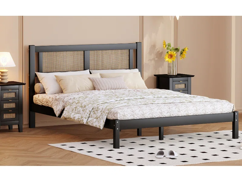 Solid Wood Rattan Bed For Bedroom | Cane Bed For Home -Arhaan - Akway Bedroom > Beds & Bed Frames (Image 3)