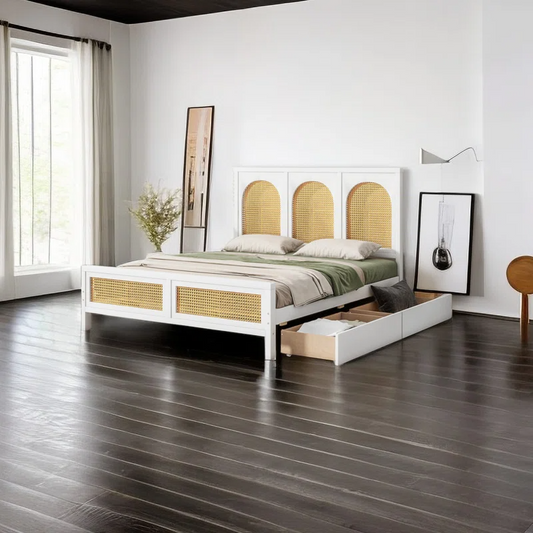 Solid Wood Rattan Bed For Bedroom | Cane Bed For Home -Hrishi - Akway Bedroom > Beds & Bed Frames (Image 1)