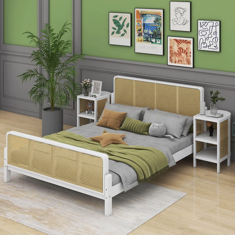 Solid Wood Rattan Bed For Bedroom | Cane Bed For Home -Manan - Akway Bedroom > Beds & Bed Frames (Image 1)