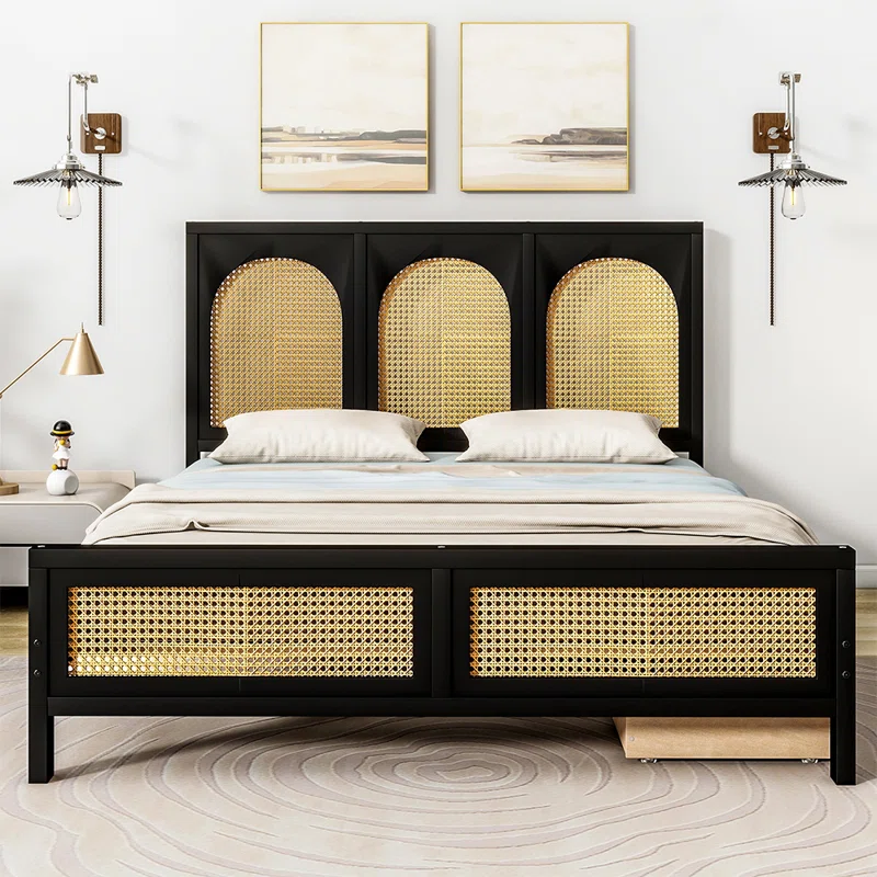 Solid Wood Rattan Bed For Bedroom | Cane Bed For Home -Nirav - Akway Bedroom > Beds & Bed Frames (Image 1)