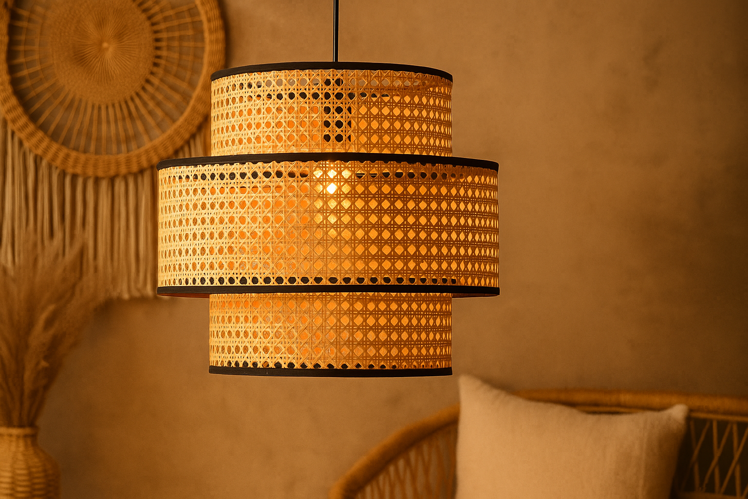 Bamboo Hanging Lamp For Living Room | Rattan Pendant Light | Cane ceiling Light - Alex 12" Diameter x 10" H by Akway - Image