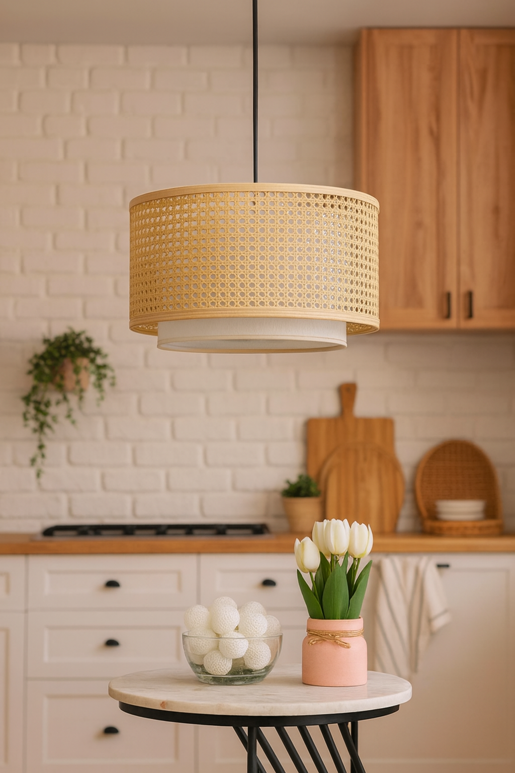 Rattan Hanging lamp for Living Room | Bamboo Hanging Lamp | Cane Pendant light - Anahita 12" Dia x 6" Height by Akway - Image