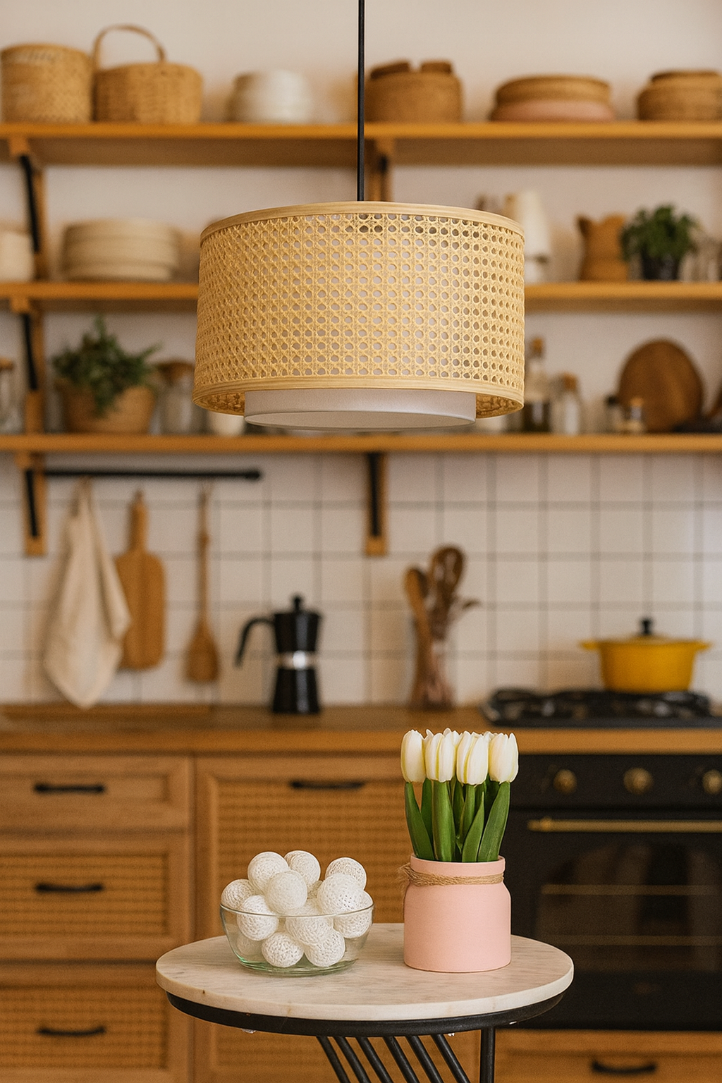 Rattan Hanging lamp for Living Room | Bamboo Hanging Lamp | Cane Pendant light - Anahita 12" Dia x 6" Height by Akway - Image