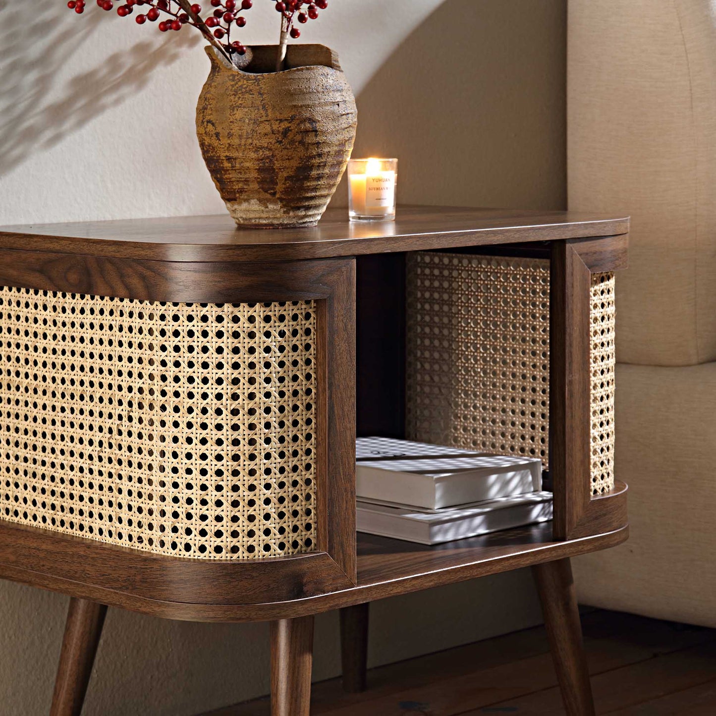 Mango Wooden Bedside Table | Modern Rattan Bedside Table - Firella - Akway Uncategorized (Image 1)