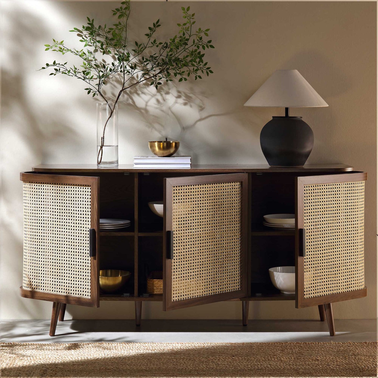 Rattan Wooden Sideboard | Cane Rattan TV Unit | Bamboo Console Table - Pioraa