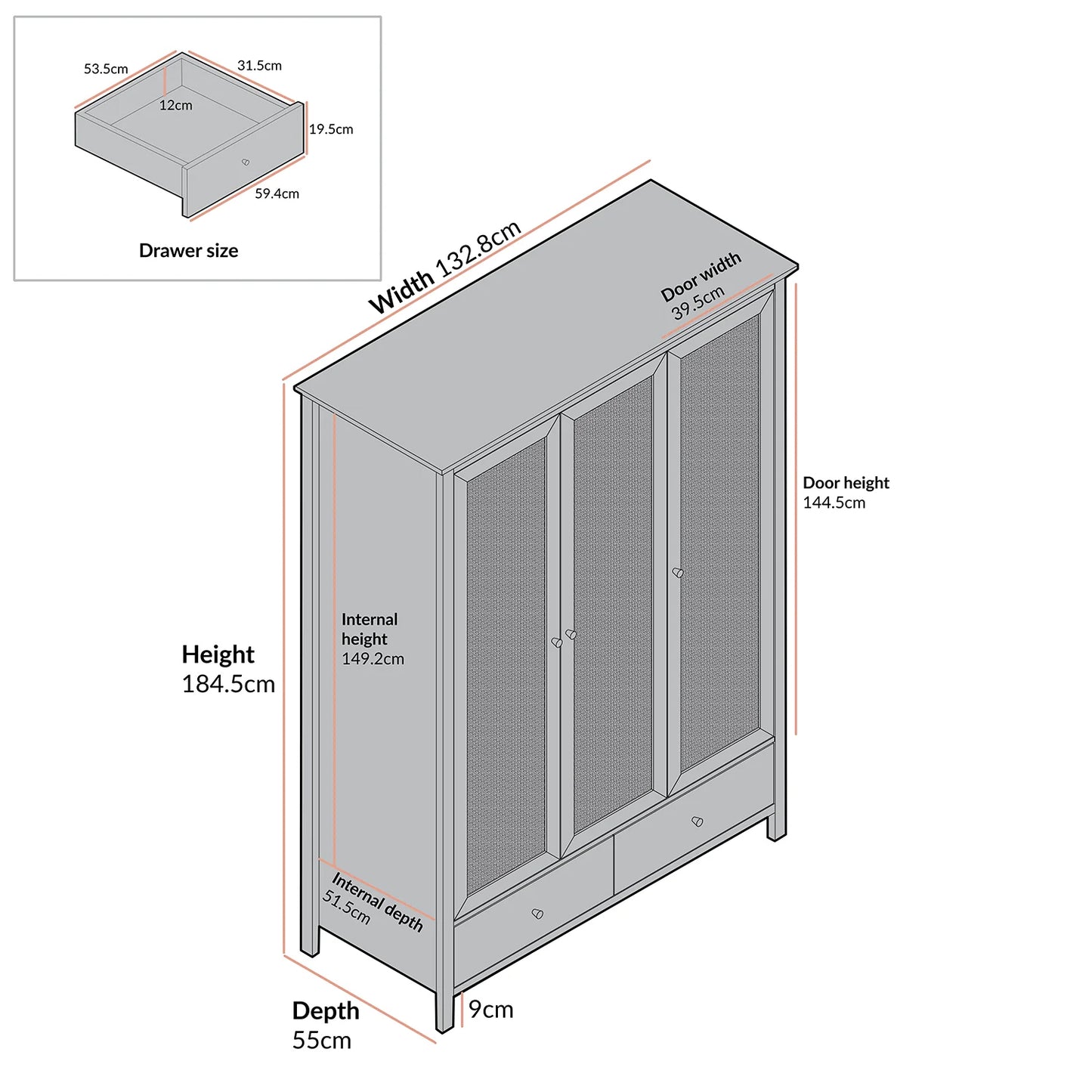 Mango Wooden Triple Wardrobe | Modern Rattan Triple Wardrobe - Silsila - Akway Uncategorized (Image 6)