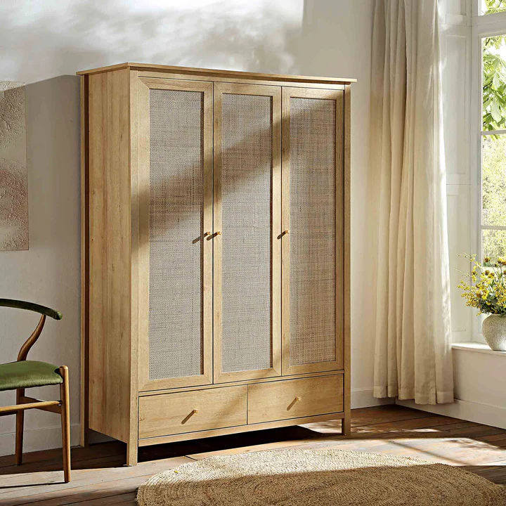 Mango Wooden Triple Wardrobe | Modern Rattan Triple Wardrobe - Silsila - Akway Uncategorized (Image 1)