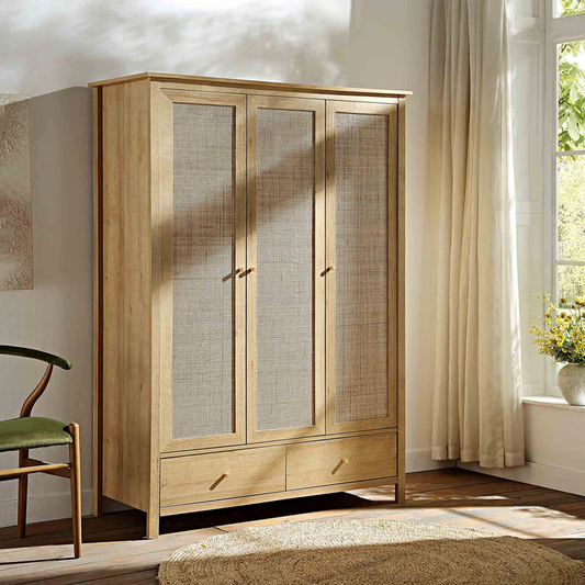Mango Wooden Triple Wardrobe | Modern Rattan Triple Wardrobe - Silsila - Akway Uncategorized (Image 1)