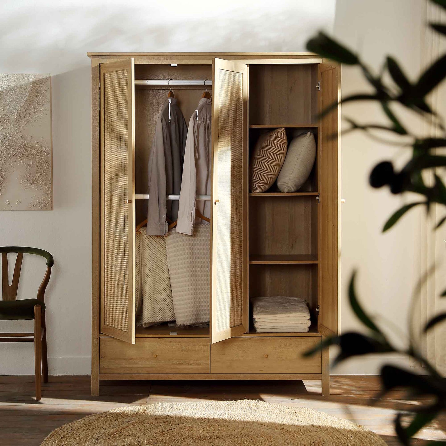 Mango Wooden Triple Wardrobe | Modern Rattan Triple Wardrobe - Silsila - Akway Uncategorized (Image 2)