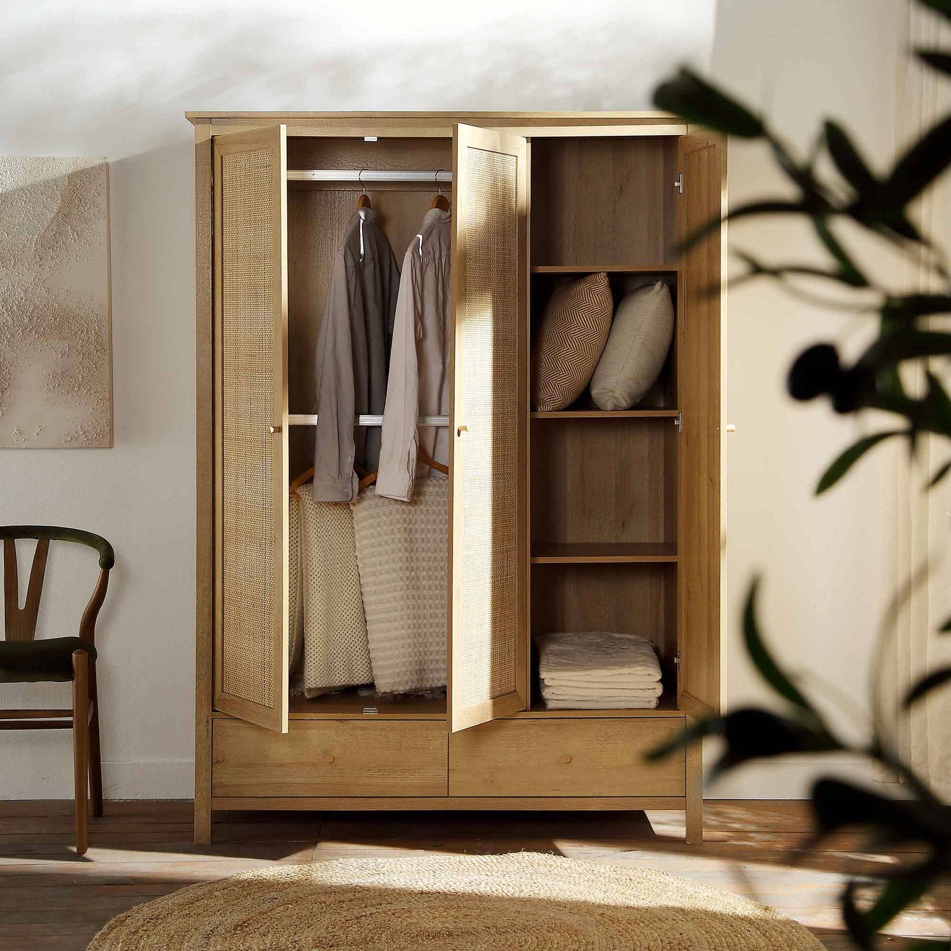 Mango Wooden Triple Wardrobe | Modern Rattan Triple Wardrobe - Silsila - Akway Uncategorized (Image 2)