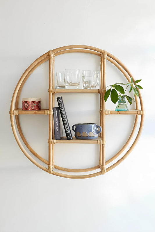 Akway Cane Wicker Rattan Bamboo Round Floating Wall Shelves for storage organizer for Living Room - Akway