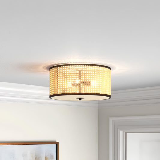Rattan Ceiling Flush Mount Lamp for Living Room | Wicker Pendant light | Cane ceiling light - Jevalon - Akway Uncategorized (
