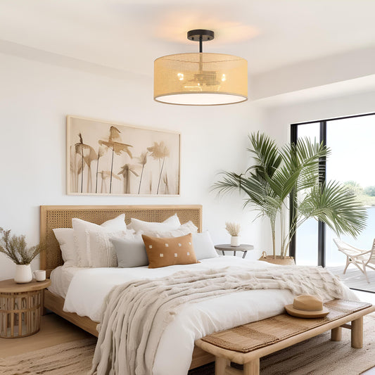 Rattan Ceiling Flush Mount Lamp for Living Room | Cane Pendant light | Wicker ceiling light - Saberiyas - Akway Uncategorized
