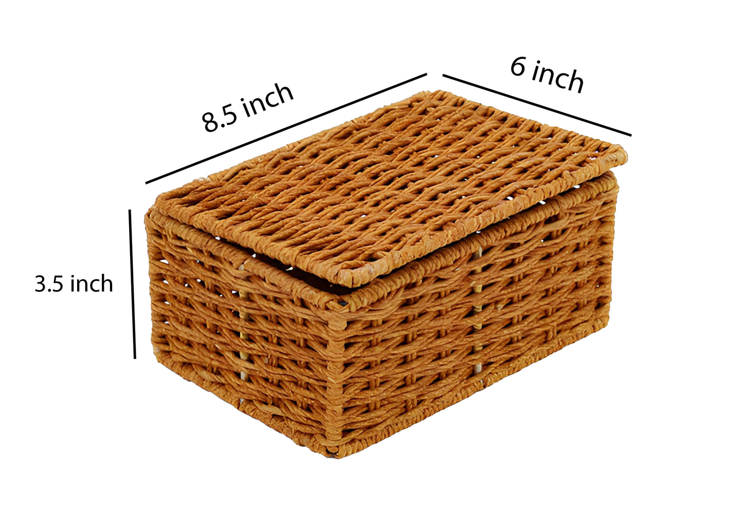 AKWAY wicker water hyacinth kauna grass bamboo cane Storage Basket with Lids Rectangular Handwoven Wicker Organizer Baskets Desktop Storage Box Rattan Container Desk Basket(Brown)(8.5"L X 6"W X 3.5"H)