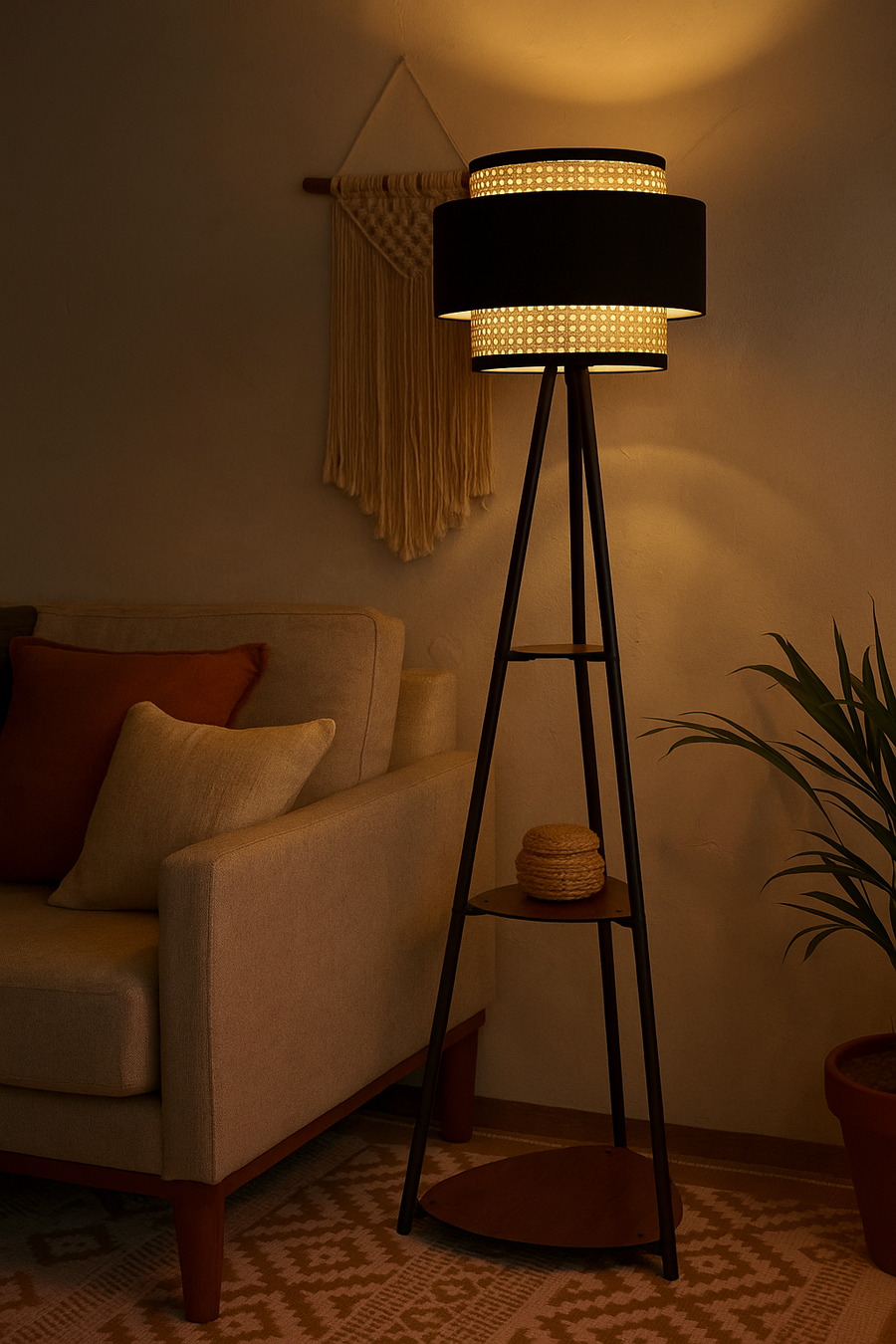Bamboo Tripod Floor Lamp | Living Room Cane Floor Lamp | Home Rattan for Living Room | Standing Lamp Wooden Floor Standing...