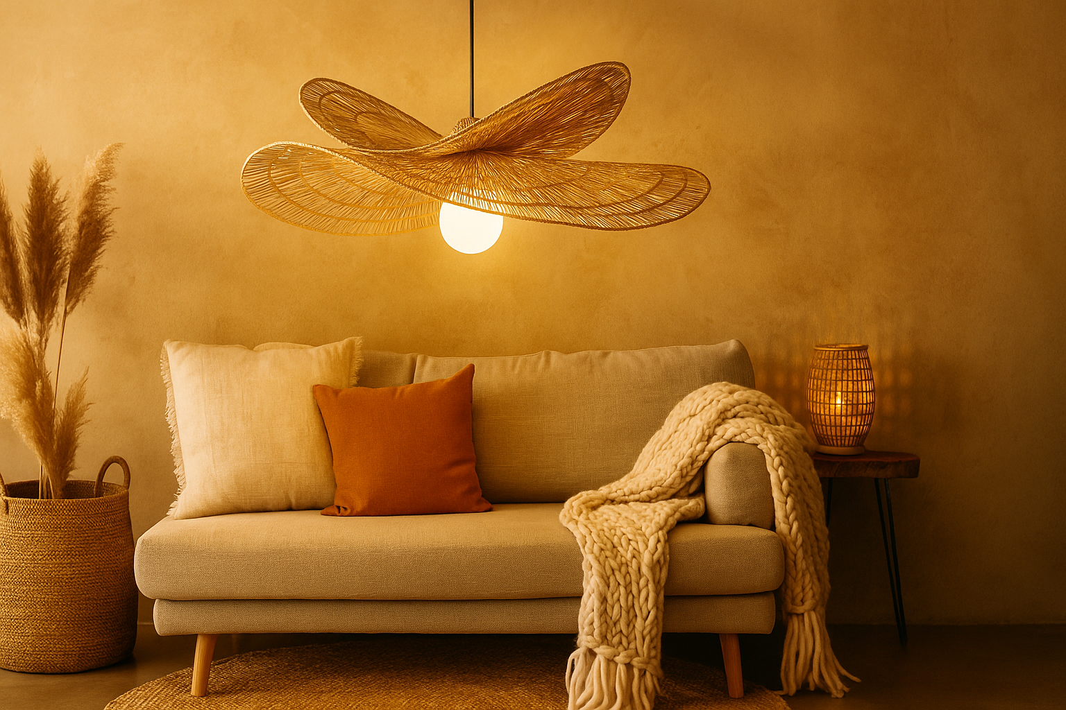 Bamboo Hanging lamp for Living Room | Rattan Pendant light | Cane ceiling light - Arshia 20" x 17" x 10" H by Akway - Image 4