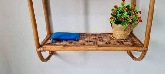 AKWAY Rattan Wall Shelf, Two Tier Wall Shelf, Boho Wall Shelf, Cane Shelf, Wooden Shelf, Hanging Shelf, Rattan Wall Planter,