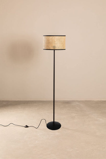 AKWAY Rattan Cane Webbing Floor Lamp Bamboo Floor Lamp Cane Floor Lamp Standing Lamp Wooden Standing lamp for Living Room Bedroom (14" D X 8") (Black Stand)(Eye Webbing) - Akway