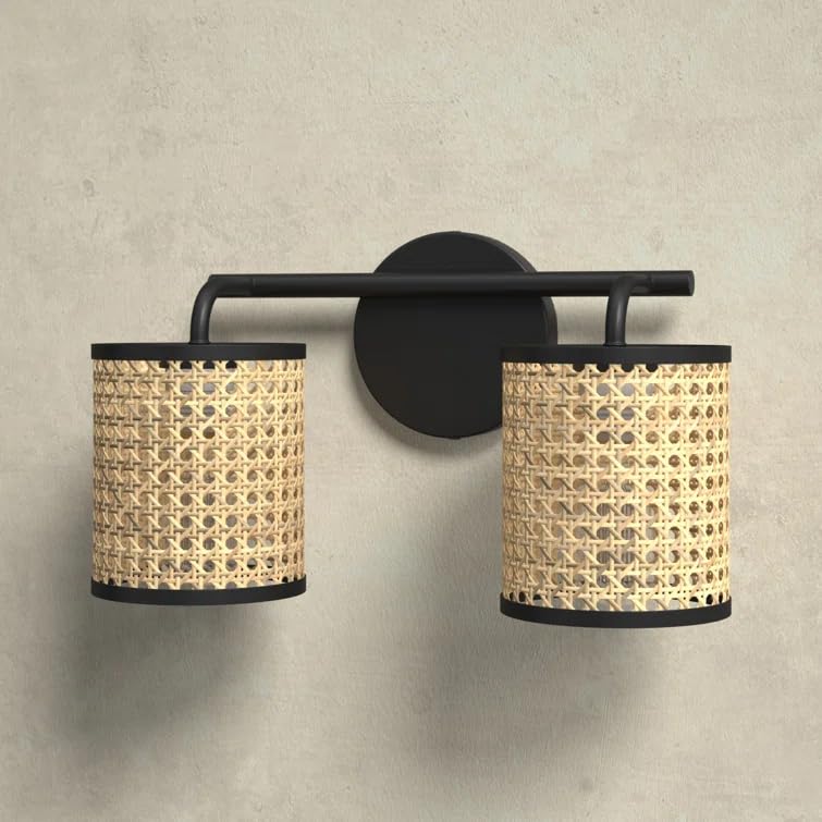 AKWAY Bamboo Wall Lamps for Living Rooms | Rattan and Cane Webbing Wall Lamps for Bedroom | Wicker Wall Lamps for Home Decoration Eye Shape Webbing (Bulb not Included) Double lamp (12 x 12 CM)(Black) - Akway