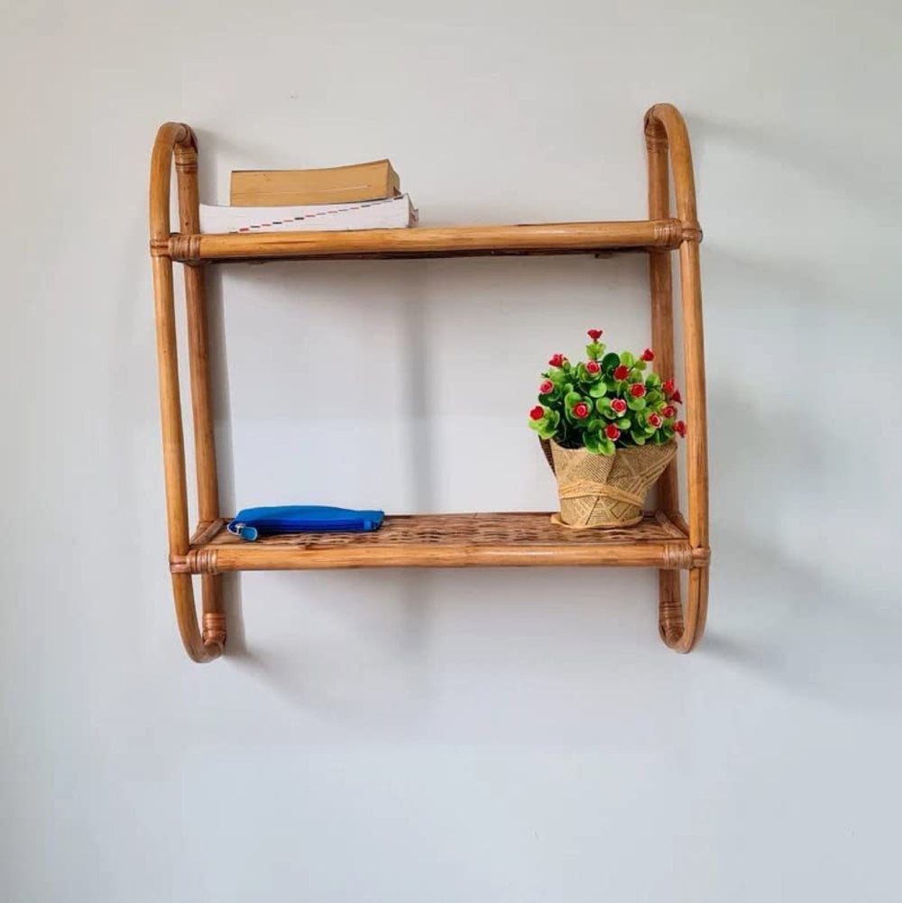 AKWAY Rattan Wall Shelf, Two Tier Wall Shelf, Boho Wall Shelf, Cane Shelf, Wooden Shelf, Hanging Shelf, Rattan Wall Planter,