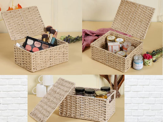 AKWAY wicker water hyacinth kauna grass bamboo cane Storage Basket with Lids Rectangular Handwoven Wicker Organizer Baskets Desktop Storage Box Rattan Container Desk Basket Bins(SET OF 3) - Akway