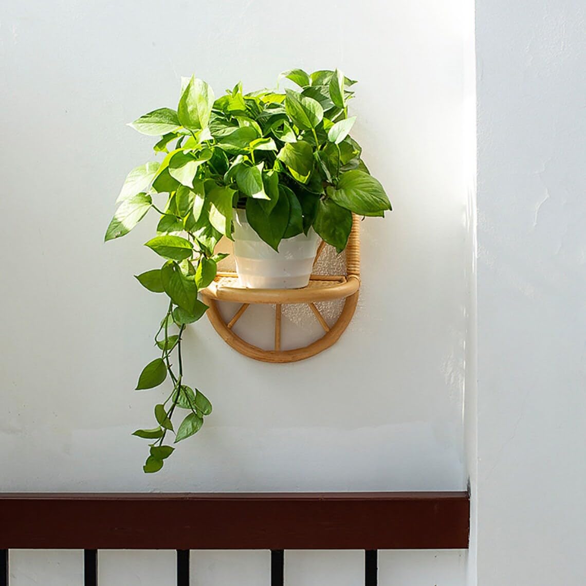 AKWAY Rattan Arc Wall Shelf, Indoor Plant Holder, Plant Shelf for Hallways, Decor Holder, Handmade Natural Rattan Organiser -