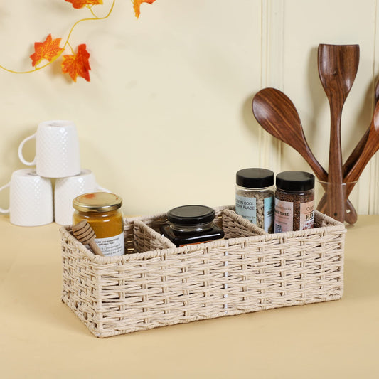 AKWAY Natural Wicker Seagrass kauna Grass Bamboo Cane Rattan Basket Bathroom Vanity Tray, Wicker Kitchen Counter top Storage