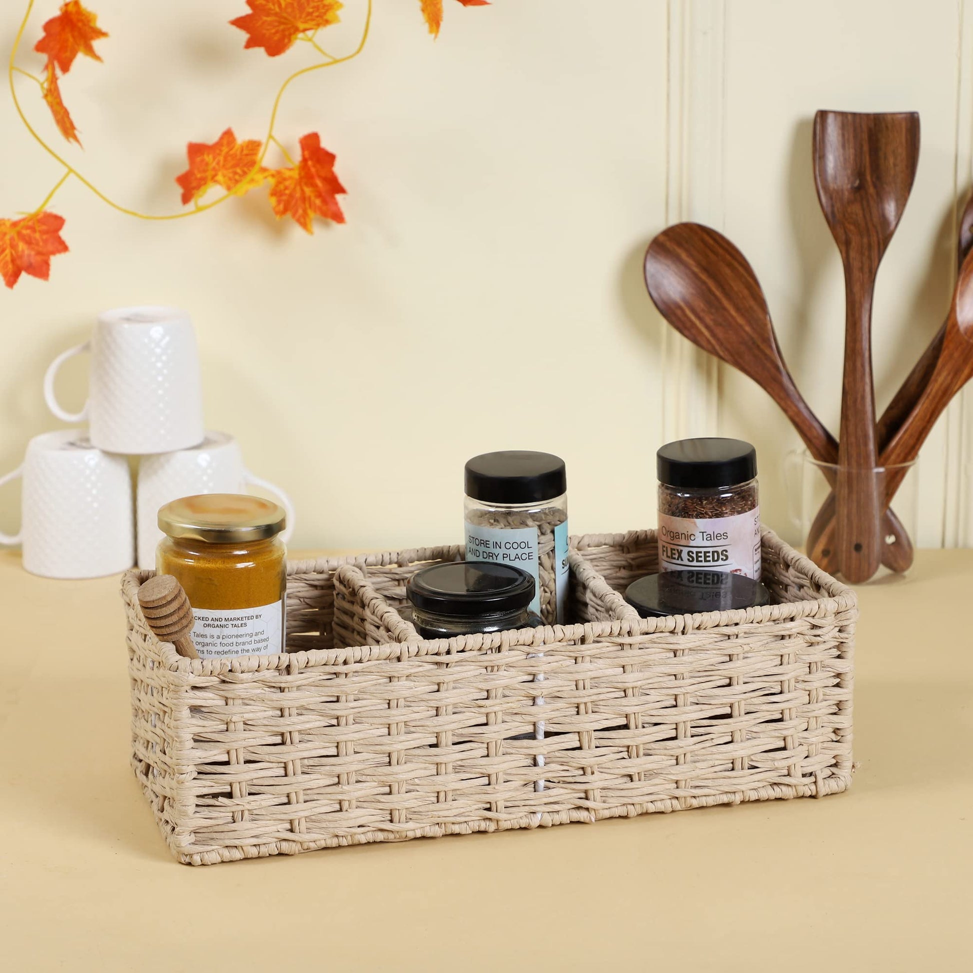 AKWAY Natural Wicker Seagrass kauna Grass Bamboo Cane Rattan Basket Bathroom Vanity Tray, Wicker Kitchen Counter top Storage