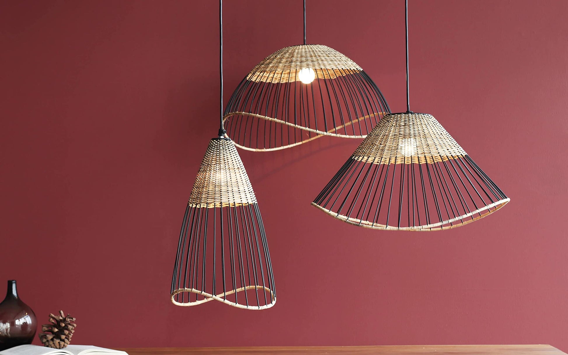 AKWAY Bamboo Hanging lamp for Home Decoration, Beautiful Rattan Cane Webbing Pendant lamp, Ceiling Light for Home, Natural Beige - Akway