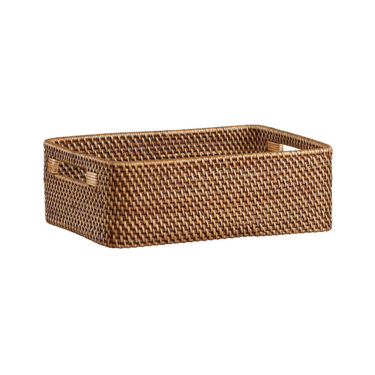 AKWAY Handmade Rattan Wicker Basket (14 L x 10 W x 5 H inch, Beige) - Akway Kitchen > Shelf Baskets (Image 1)