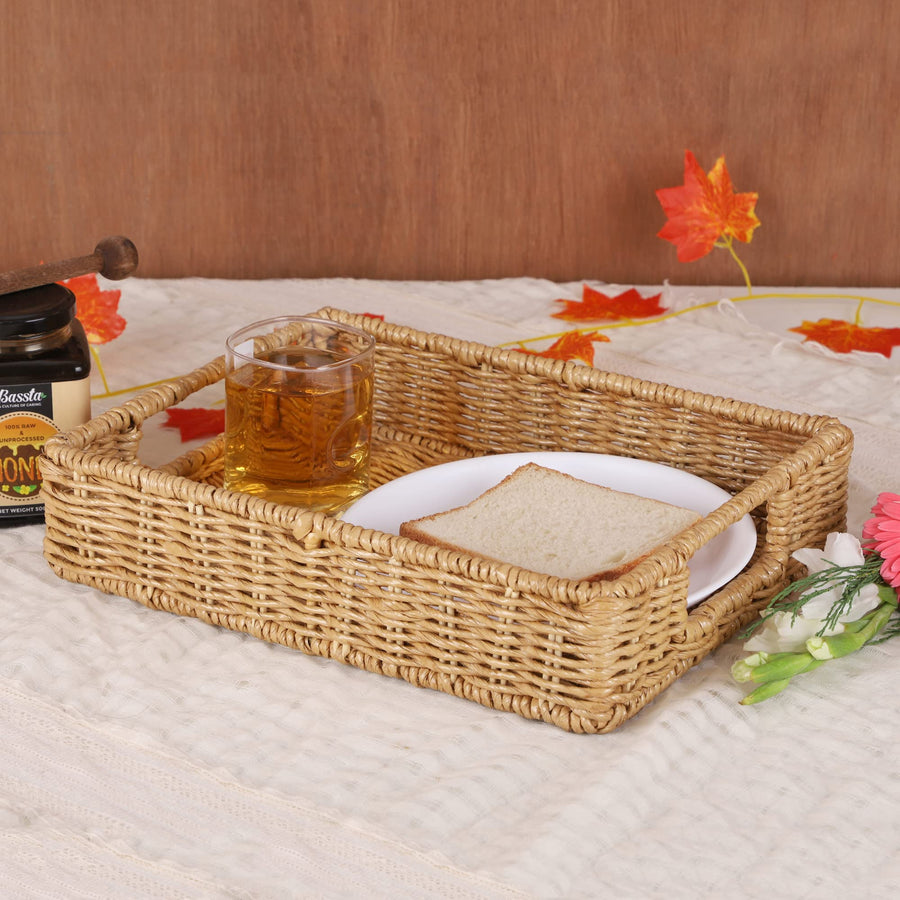 AKWAY Wicker Seagrass Water Hyacinth Kauna Grass Serving Tray Serving Tray for Home | Dining Table Decorative Trays | Serving Tray | Platter with Handles Diwali or Deepawali Gifts | 11" x 8" x 3" - Akway