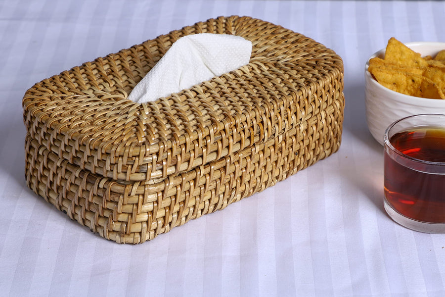 AKWAY Wicker Rattan/Cane Tissue Box Holder, Paper Napkin Holder, Wooden Cover Plastic Tissue Dispenser for Home, Bathroom, Bedroom, Office, Restaurant and Car Decoration- Rectangle Shape - Akway