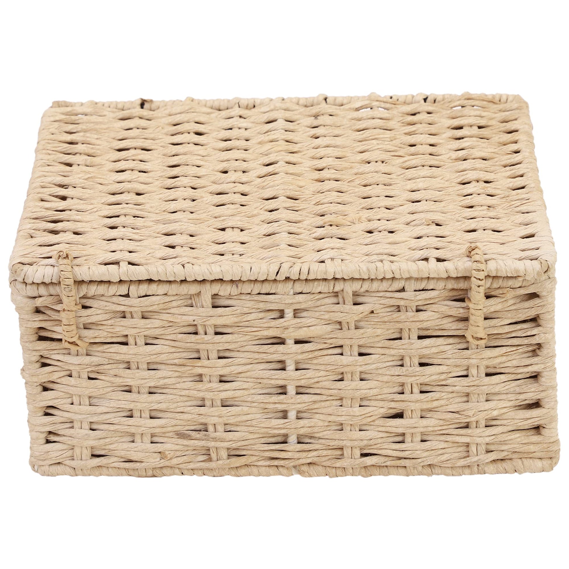 AKWAY wicker water hyacinth kauna grass bamboo cane Storage Basket with Lids Rectangular Handwoven Wicker Organizer Baskets Desktop Storage Box Rattan Container Desk Basket (8.5L X 6W X 3.5H inch)- Akway