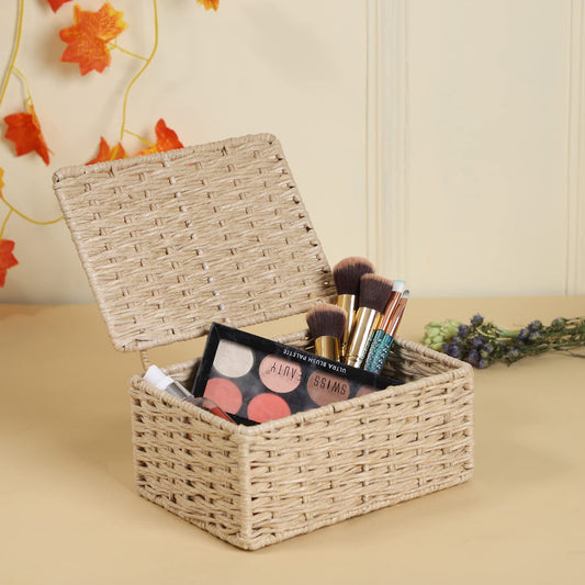 AKWAY wicker water hyacinth kauna grass bamboo cane Storage Basket with Lids Rectangular Handwoven Wicker Organizer Baskets D