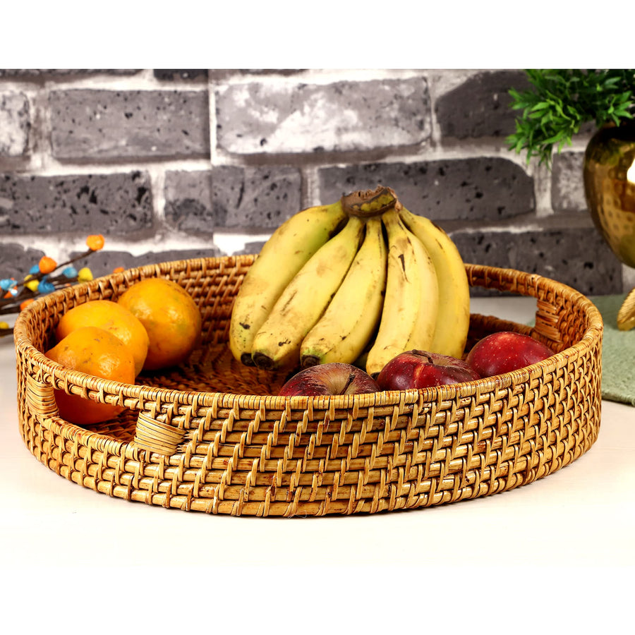 AKWAY Round Wicker Basket | Round Tray Wooden Serving Tray for Home | Serving Tray for Party Guests | Round Platter with Hand